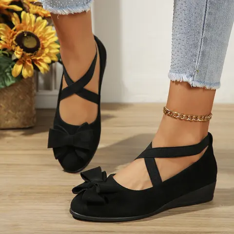 Women's Fashion Suede Wedge Slip-Ons - Classy Bow Detail, Elastic Strap, Soft Stylish Footwear, All-Day Comfort, Casual Chic Outfits, Spring-Fall Walking Shoes for Women