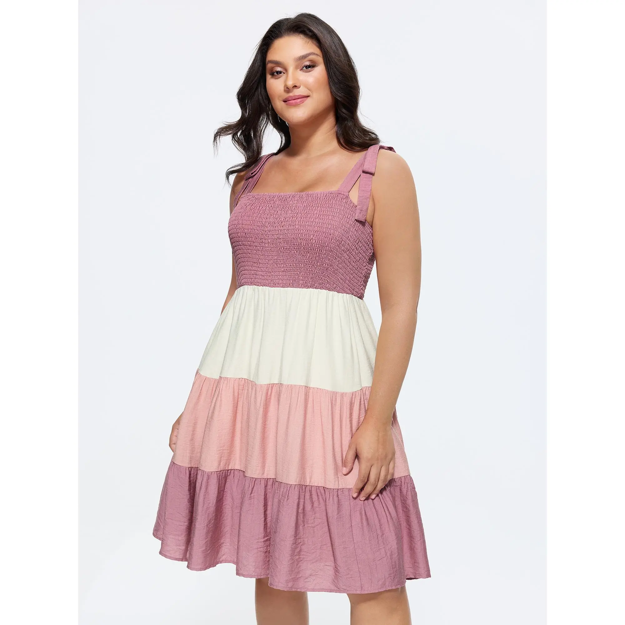BloomChic Women's Plus Size Color Block Tiered Midi Dress, a Leisure Smocked Garment with Lace-Up Detail, Plus Size Clothes, Smooth, Polyester, Nylon, Casual, Fabric, Pocket, Sleeve, Curvy Dresses Plus Size