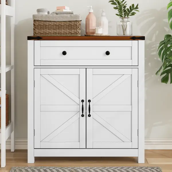 [Bellemave]Farmhouse Storage Cabinet with Drawer and Adjustable Shelf, White Kitchen Cabinet with Walnut Countertop, Modern Coffee Bar Console Cabinet