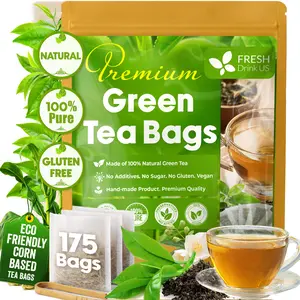 FreshDrinkUS, Premium 175 Green Tea Bags, 100% Natural & Pure from Green Tea. Green Herbal Tea. Made with Natural Material Tea Bags. No Sugar, No Gluten, Vegan