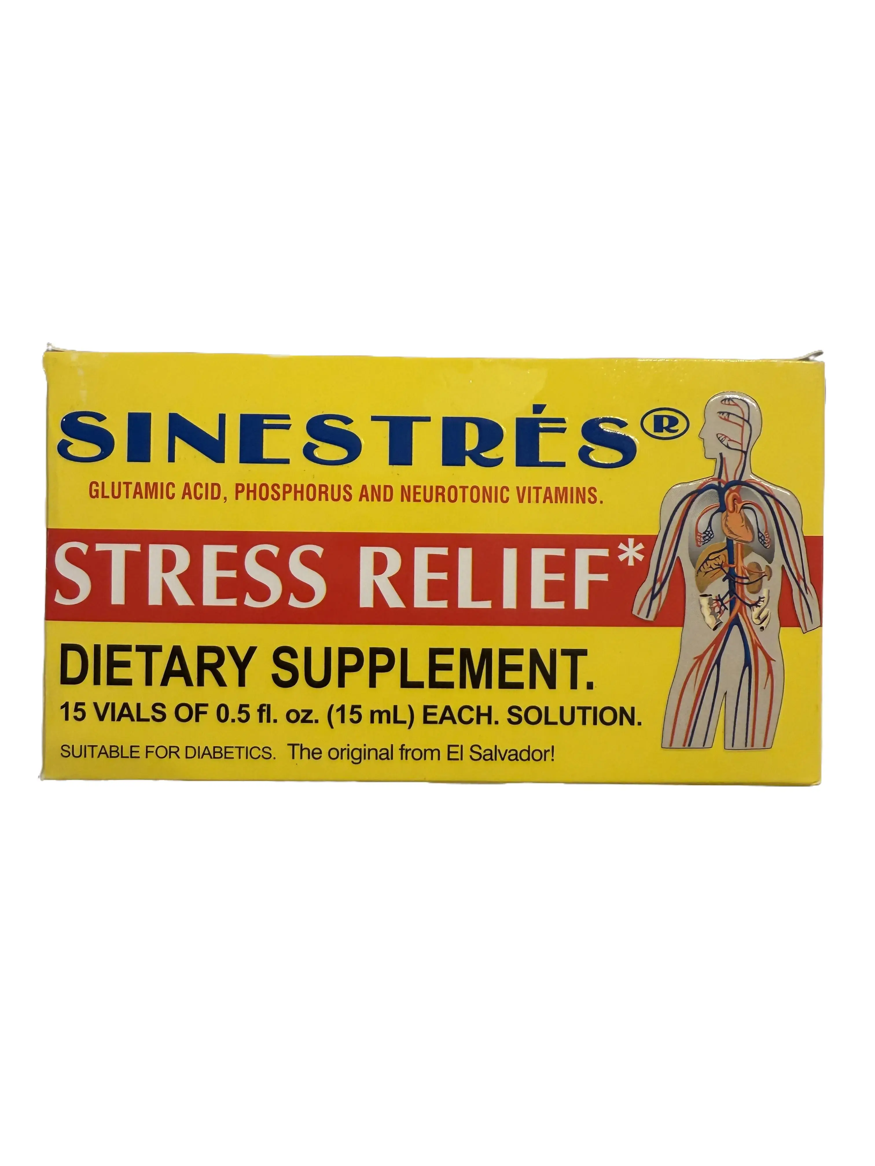 El Salvador Original Stress Relief Dietary Supplement Vials - 15 x 15mL, with Sinestres, Glutamic Acid, Phosphorus, Calcium, Vitamin B1, B6, B12 (Healthcare Support) Wellness