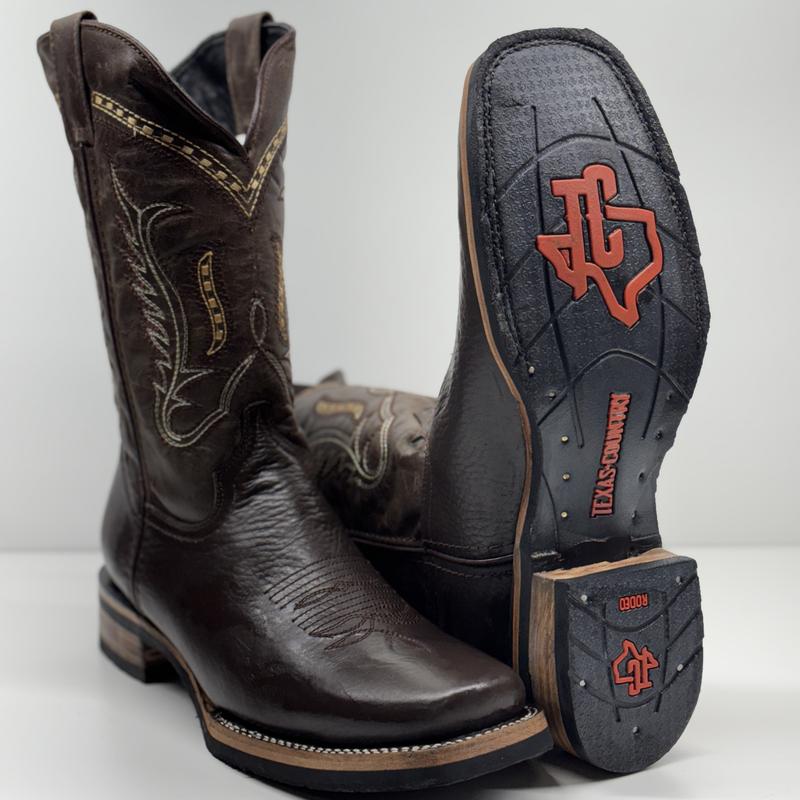 Texas Country Men's Leather Boots - Classic Square Toe Design with Durable Rubber Sole for All Seasons Wear