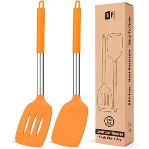 Pack of 2 Silicone Solid Turner, Non Stick Slotted Kitchen Spatulas, High Heat Resistant BPA Free Cooking Utensils,  Cookware for Fish, Eggs, Pancakes (ORANGE)