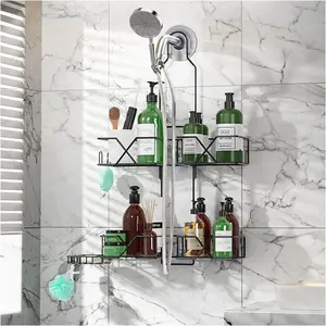 Upgraded hanging shower caddy for handheld shower headsadjustable height extra long bathroom shower organizer hanger rack with hookssoap holder
