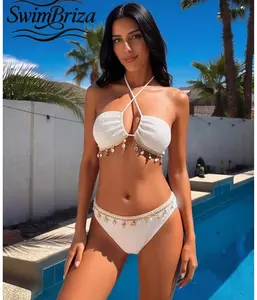 Briza｜White Textured Halter Cut-Out Bikini Set For Women Two-Piece Swimsuit With Shell Charm Fancy Bathing Suit Cute Vacation Swimwear For Summer Beach Pool Party Resort Cruise, Women's Swimwear, Bathing Suit for Women, Two Piece Bathing Suit
