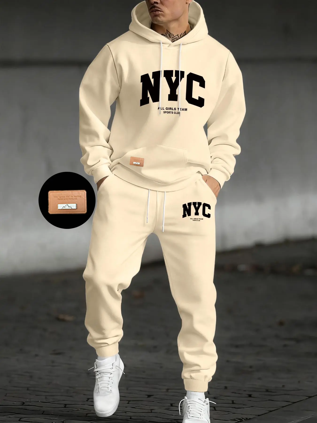 Men's Letter Print Hoodie Set, Kangaroo Pocket Drawstring Hooded Sweatshirt + Waistdrawstring Sport Pants 2 Piece Set, Streetwear Tracksuit Set, Fall & Winter Casual Fashion, Sweatsuit Sets