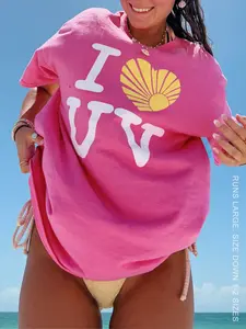 Women's 'i Heart UV' Print Oversized Baggy T-Shirt, Sun Tee, Shell Top, Loose Casual Summer Beach Shirt, Short Sleeve, Milk Silk Material