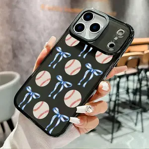 Blue Bow Aesthetics Ribbon and Baseball Pattern Phone Case for iPhone 17 Pro Max Air 16 Plus 15 14 13 12 11 Anti-Yellowing Shockproof durable ultra-thin Crystal Cover Protection Smartphone Protector