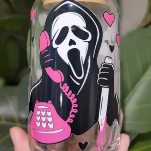 Scream Ghost Face, No You Hang Up, What's Your Favorite Scary Movie? Pink Hearts,Iced Coffee Glass, 16 Oz Glass Can, Fall Tumbler, Halloween Glass Cup, Coffee Lover Gift, Spooky Season Coffee Cup, Horror Movie Lover drinkware glass cup and straw