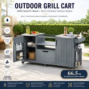 Elon Outdoor Kitchen Island Outdoor Grill Cart for Big Green Egg 66.5 Inch Solid Wood BBQ Grill Station with Stainless Steel Top Storage Drawer Kamado Joe Compatible Heavy Duty Patio Table Backyard Cooking Grey Blue