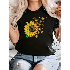 Women's Sunflower Graphic T-Shirt Cute Casual Faith Crew Neck Short Sleeve 100% Cotton Black