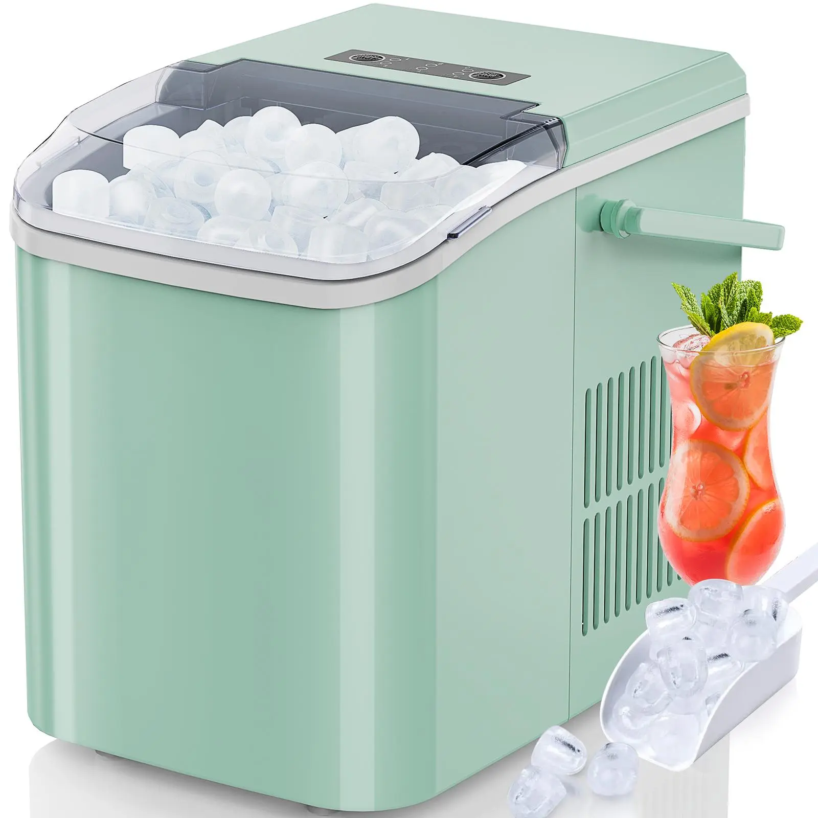 Portable Ice Maker with Handle for Home Kitchen Camping RV, Countertop Ice Machine 26 lbs in 24Hrs, 9 Ice Cubes in 6 Mins, Self-Cleaning with Basket & Scoop