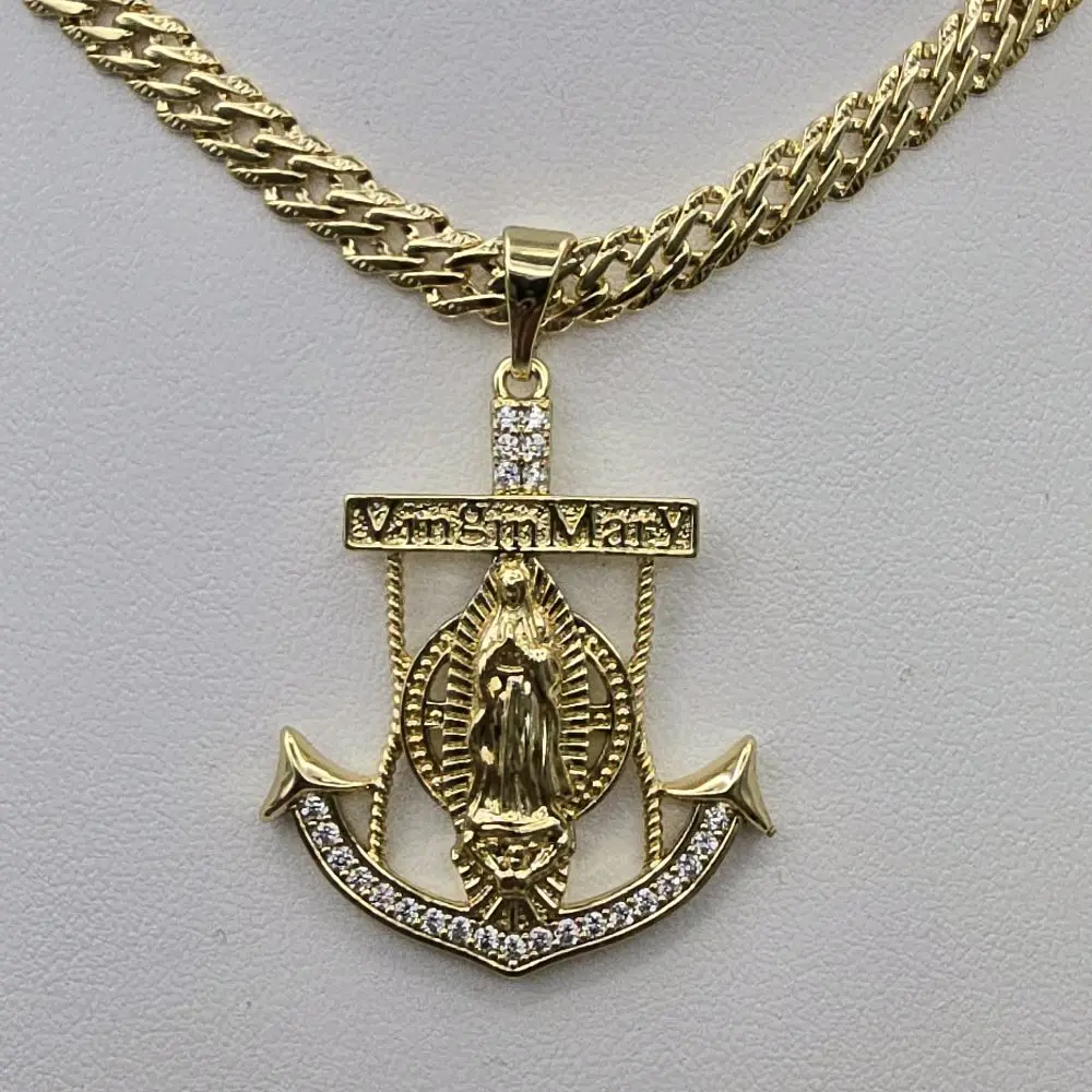 14k Gold Plated High-Quality Spanish Chain, Anchor Pendant with Embedded Virgin Mary, Daily Wear Jewelry