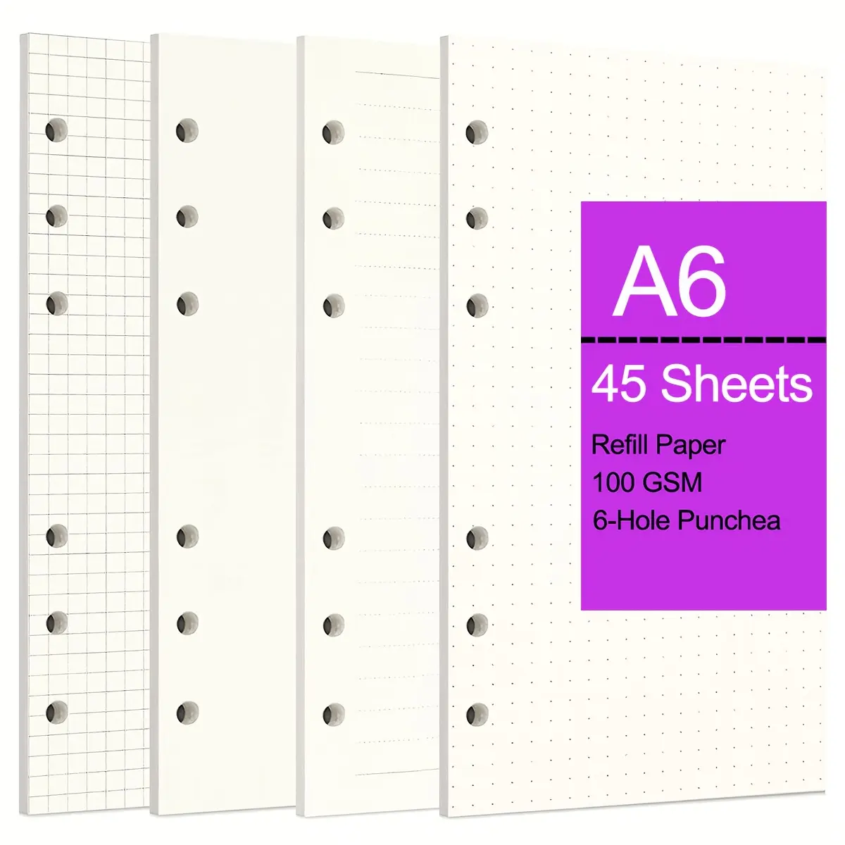 A6 Refill Paper 6 Hole Binder Inserts 45 Sheets 100GSM Thick Heavyweight Filler Paper Premium No Bleed Lined Dotted Grid Journal Paper For Pocket Planner Personal Organizer