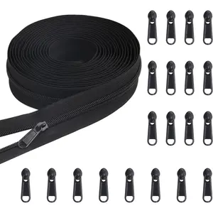 5 Yards Bulk Zippers #5 Nylon Coil Zippers for Sewing Black Nylon Coil Zipper by The Yard with 20 count Zipper Sliders for DIY Sewing Craft Bags and Clothing