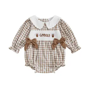 REDWOON My First Thanksgiving Outfit Baby Girl Turkey Bubble Romper Doll Collar Plaid Smocked Bodysuit Newborn Fall Clothes