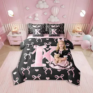 Letter 7 Piece Bedding Set,Girls Black Pink Bowknot Bed Set with Sheets,Kawaii Love Heart Bed Bagsweet Princess Ombre Watercolor Alphabet All Season Bed Set, Soft Bedding, Blanket Set