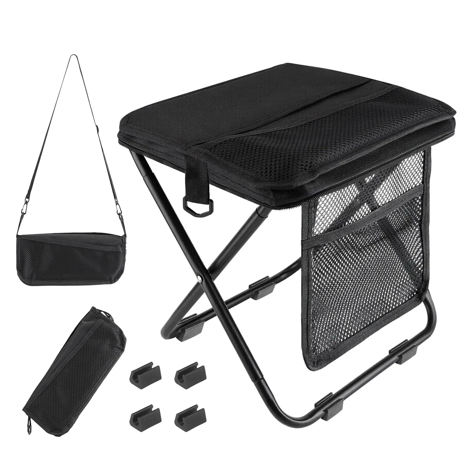 Portable Folding Metal Camp Stool with Side Pocket - Tall Adult Compact Lightweight Backpacking Seat for Camping, Fishing