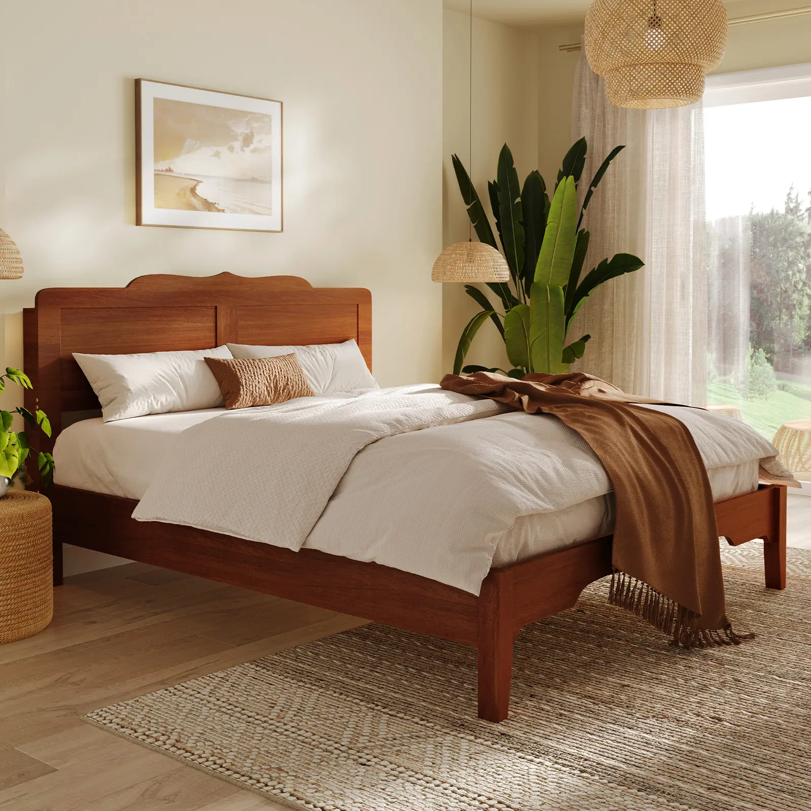 [SummerWins]Belffin Queen Bed Frame with 47" Headboard, Modern Wooden Platform Bed, Storage & Charging Station, Easy Assembly, Noise-Free, Brown tiktokshopspringglowup