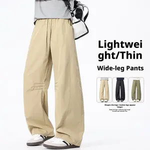 Men Spring Summer Straight Leg Pants Hong Kong Style Loose Wide Leg American Cargo Parachute Plus Size Curved Trousers