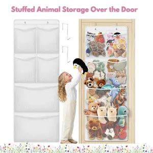 Stuffed Animal Storage Over the Door – Large Plush Toy Organizer with 6 Mesh Pockets, Space Saving Kids Room & Nursery Storage (White)