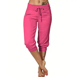 Drawstring Capri Pants, Casual Solid Versatile Pants With Pockets, Women's Clothing Fabric Knit