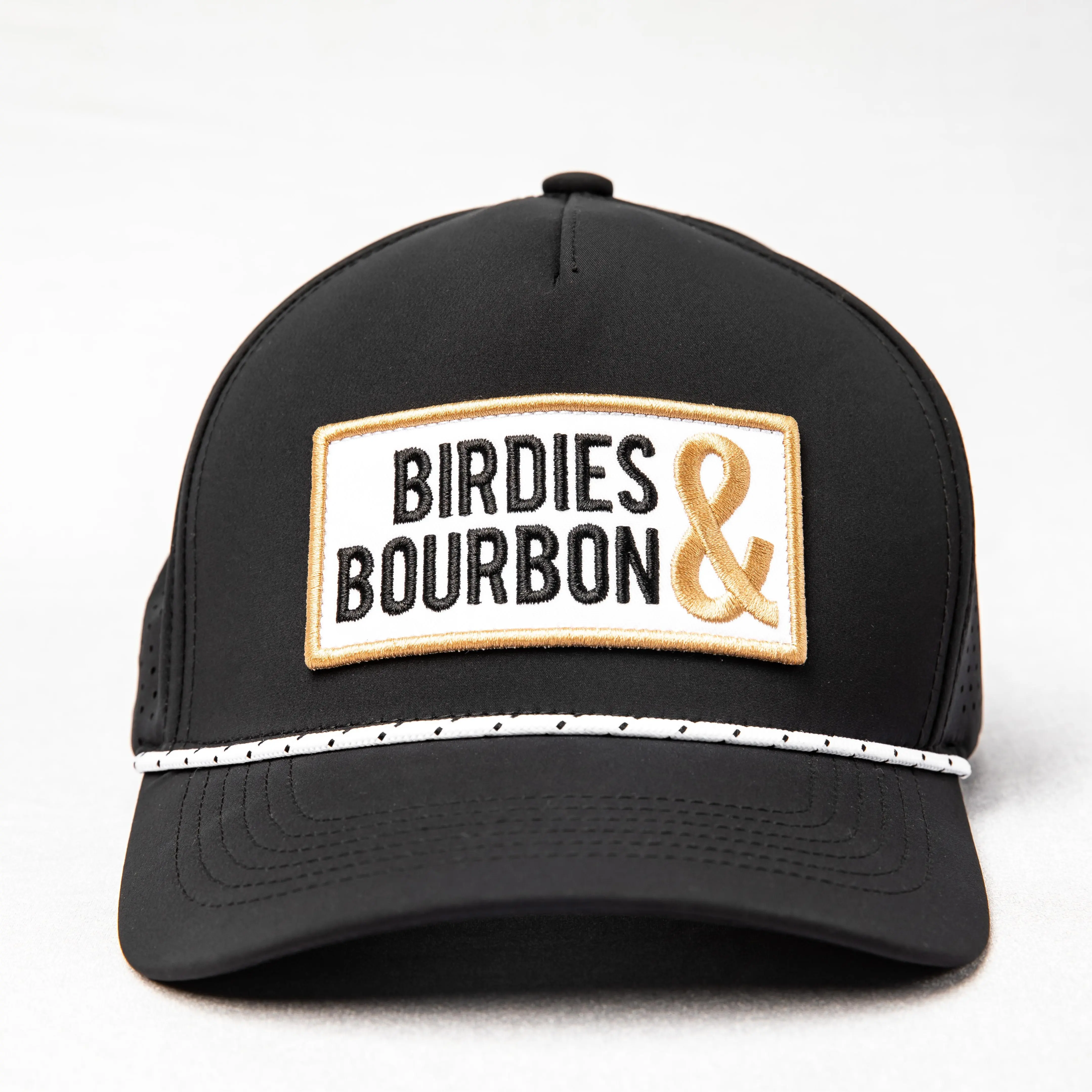 Birdies & Bourbon All Seasons Black Hat with White and Gold Embroidery Patch