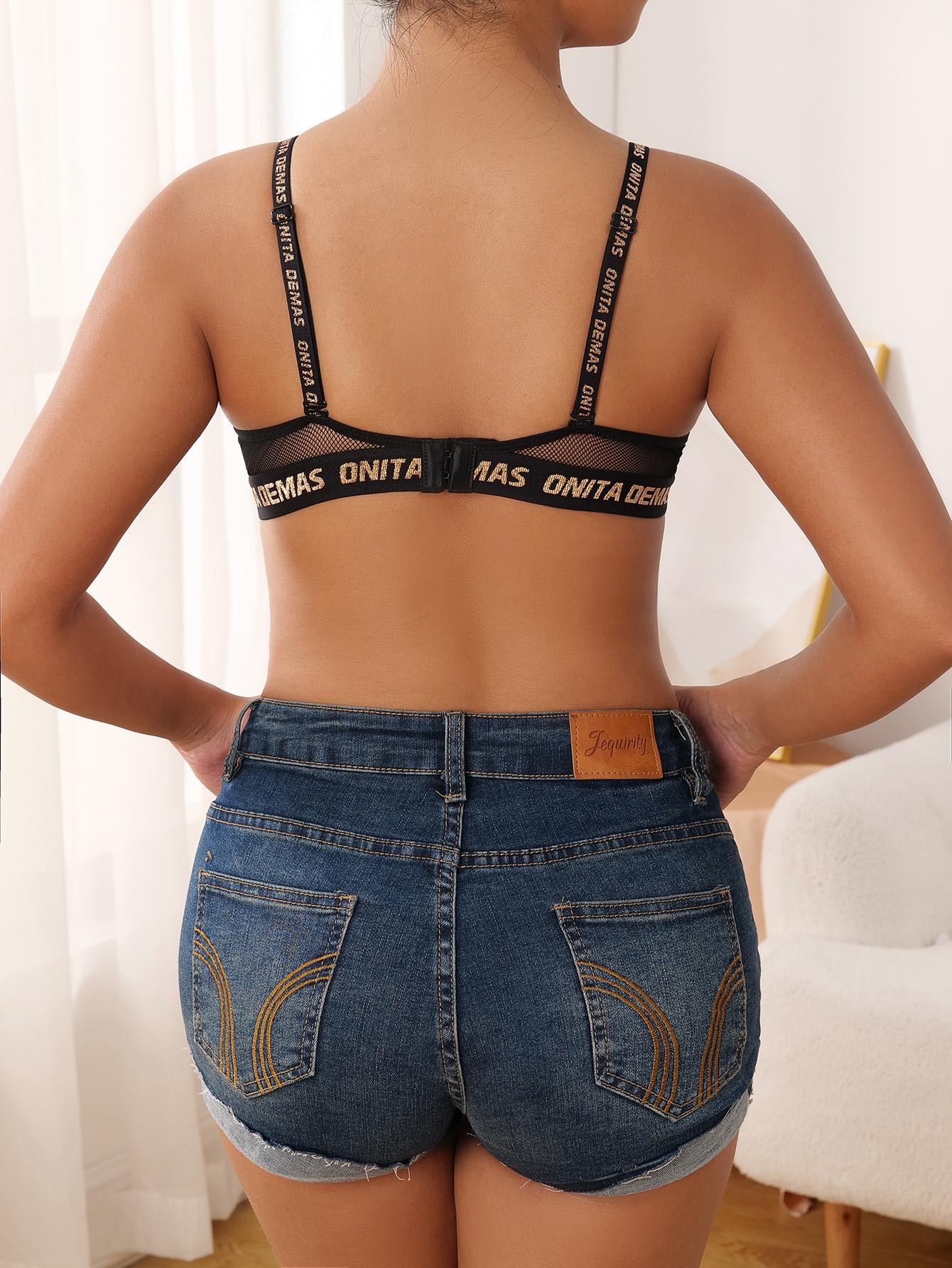 Mesh Patchwork Push Up Bra for Women, Letter Print Strap Underwire Bra, Sexy Deep V Everyday Bralette