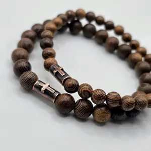 Religious Cross Wood Bracelet with Copper Tone Bead - Natural Wood Protection Bracelet for Men & Women - Handmade in Texas - Durable Elastic Cord - 6mm, 8mm, 10mm Beads - Inspirational Faith Base Jewelry