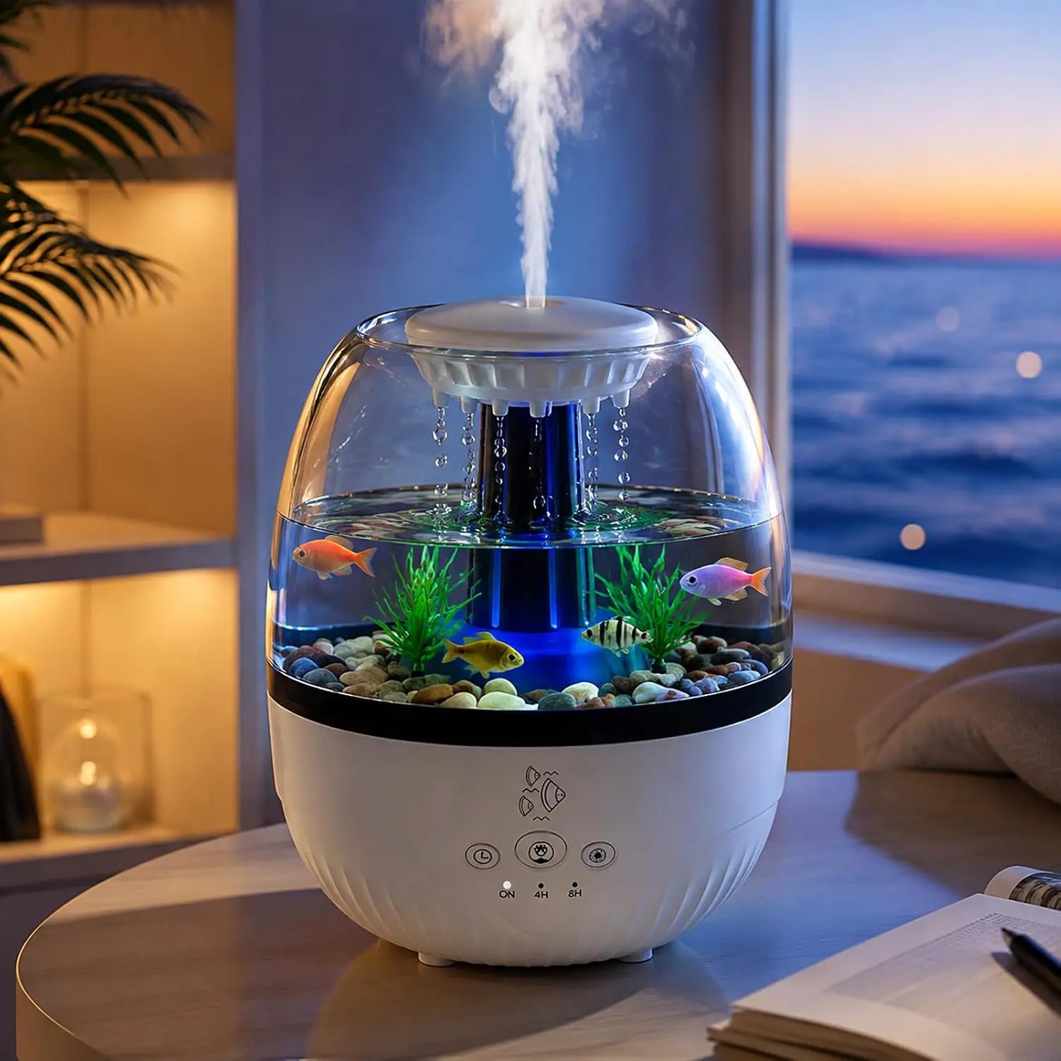 The 2026 Raindrop Aromatherapy Diffuser (350ml) features a unique fish-tank-inspired design. It supports a timer function, offers 7-color ambient lighting, and includes automatic shut-off and ultra-quiet operation, making it an ideal gift for a loved one.