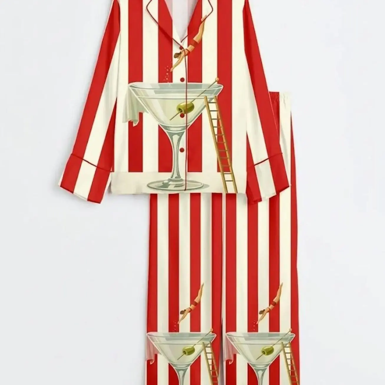 Martini Cocktail Pajama Set, Retro Mid Century Drink Print Silky Sleepwear