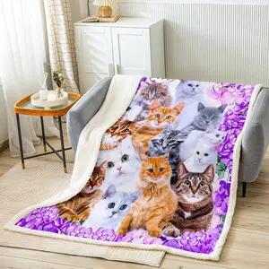 Cute Cat Sherpa Blanket,Pet Funny Cats Fleece Throw Blanket,Floral Purple Feline Animal Lovely Decor Fuzzy Blanket for Sofa Bed Couch