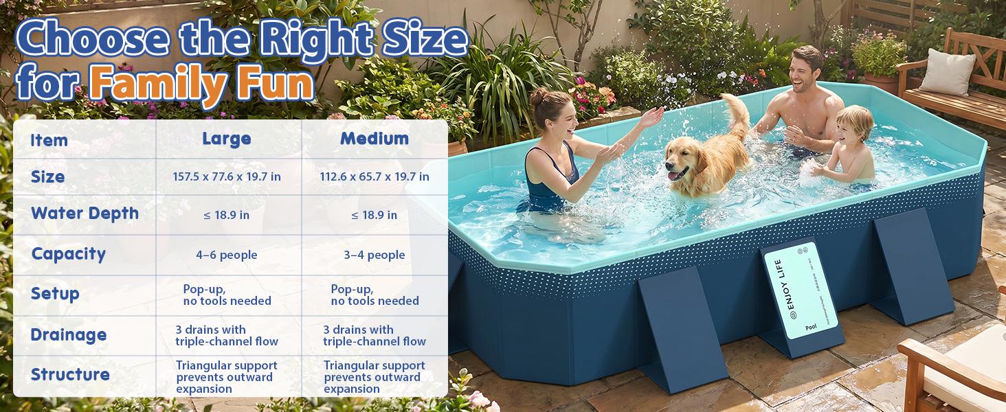 113" Foldable Family Pool | No Inflation Needed | Large Portable Pool for Kids & Adults | Perfect for Backyard Summer Fun
