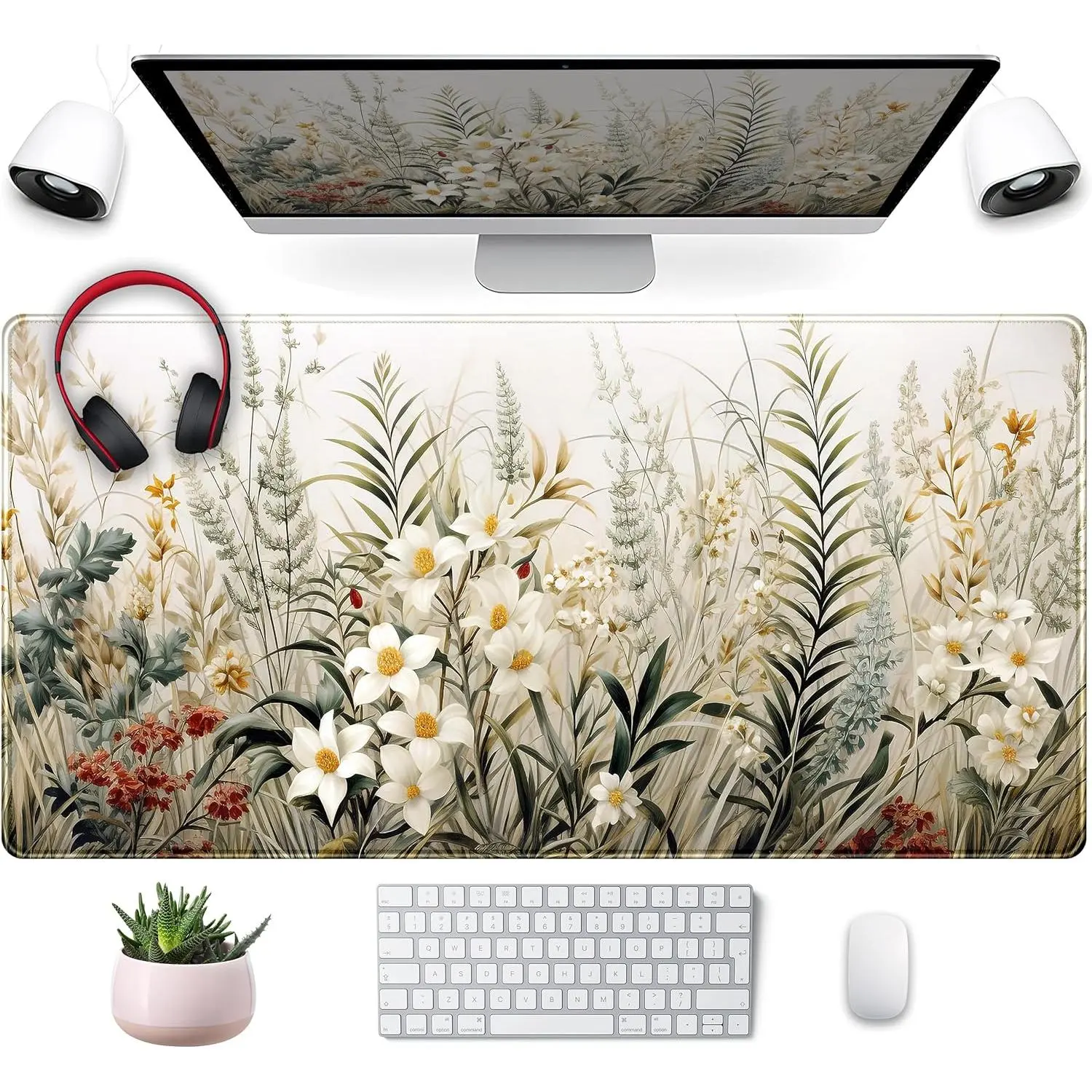 XXL Size Stitched Rubber-Cloth Anti-Slipping Beige Aesthetic Sage Desk Mat with Cute Watercolor Flowers - 24x14 in Extended Stationery Office Supplies, Home Office Desktop Decor for Women, Keyboard Mouse Pad