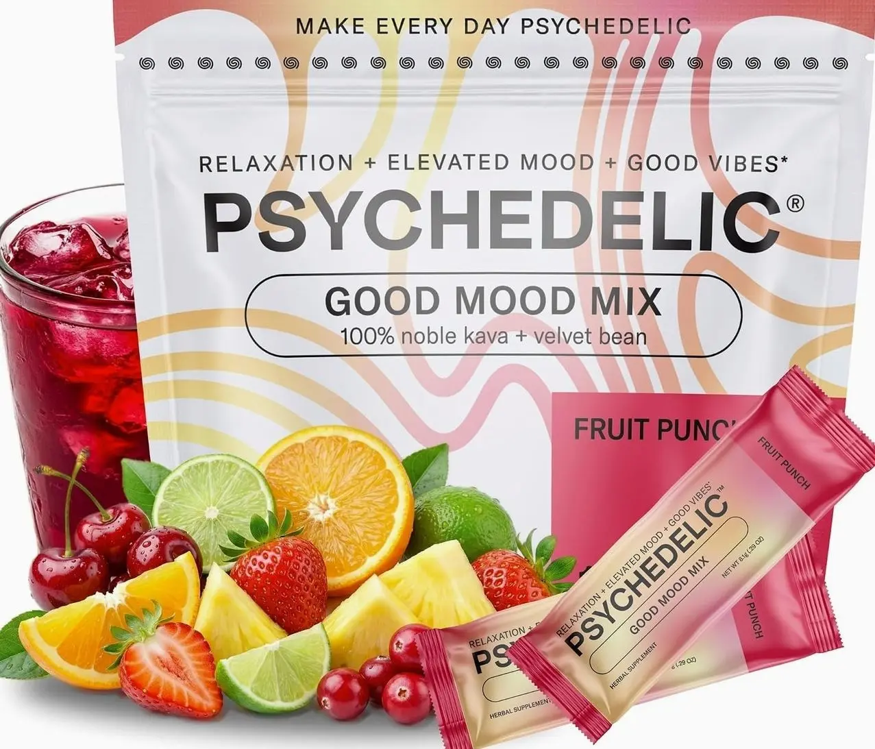 Psychedelic Water Good Mood Mix - Fruit Punch - Powder Packets - Calming Kava Drink Mix - Easy Open Single-Serving - Flavored Kava Powder - Mucuna Pruriens - Stevia - Adaptogen Drink Mix - 14 Stick
