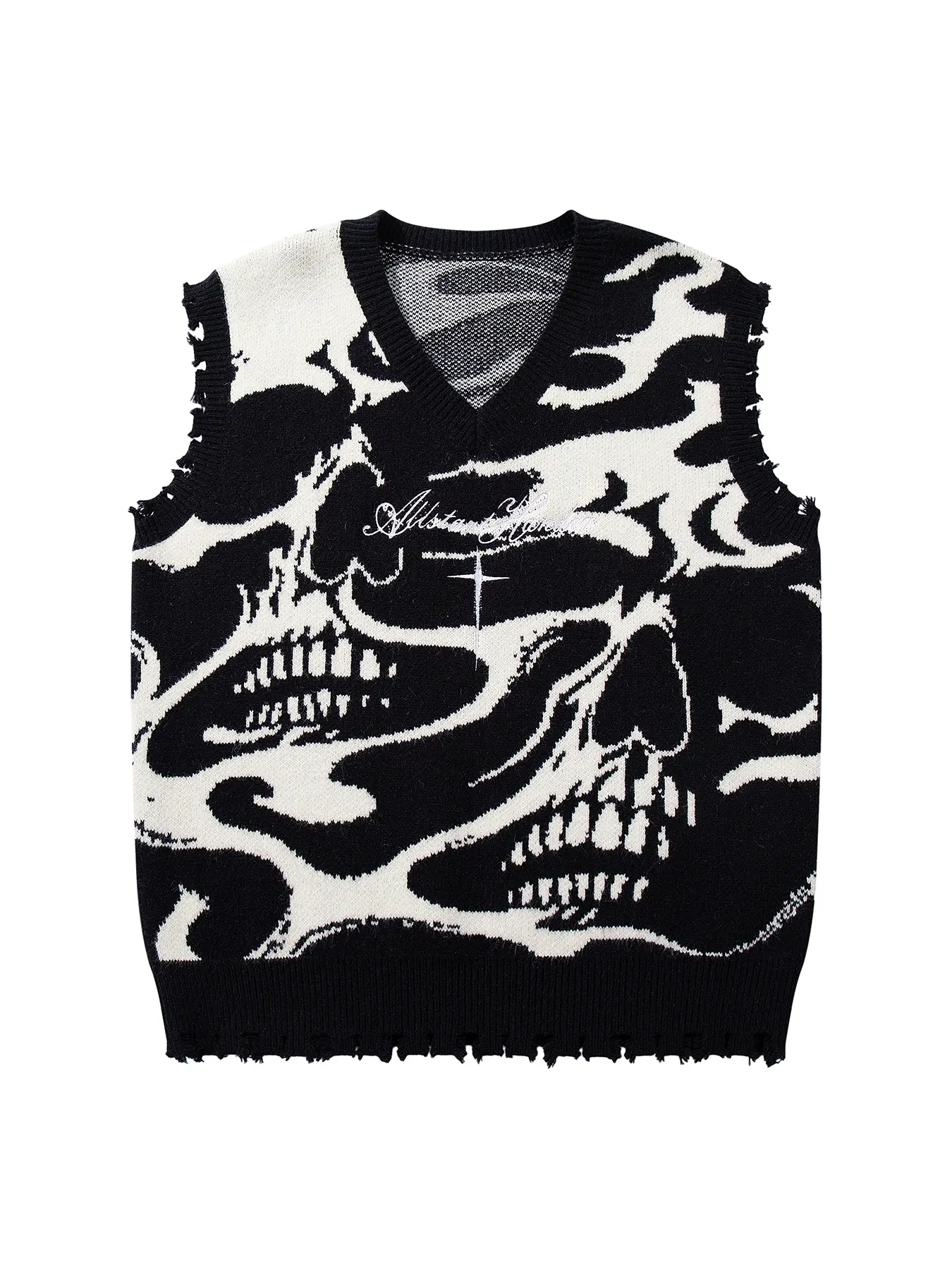 Men's Gothic Skull Cross Embroidered Knit Graphic Casual Sleeveless Vest Round Neck Pullover for Fall & Winter, Streetwear Tank Vest, Trendy Street Fashion
