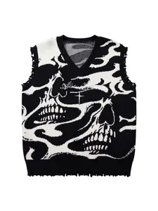Men's Gothic Skull Cross Embroidered Knit Graphic Sleeveless Vest Round Neck Pullover for Fall & Winter, Streetwear Tank Vest, Trendy Street Fashion