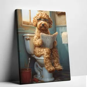 Funny Dog on Toilet Reading Newspaper  Wall Art | Humorous Bathroom Decor | Quirky Pet  Poster canvas