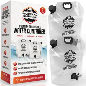 2 Collapsible Water Container Bags with Premium Spigot - 2.1 Gallon/8L BPA-Free Portable Water Storage Jug for Hurricane Preparedness, Camping, Backpacking - 2 Pack