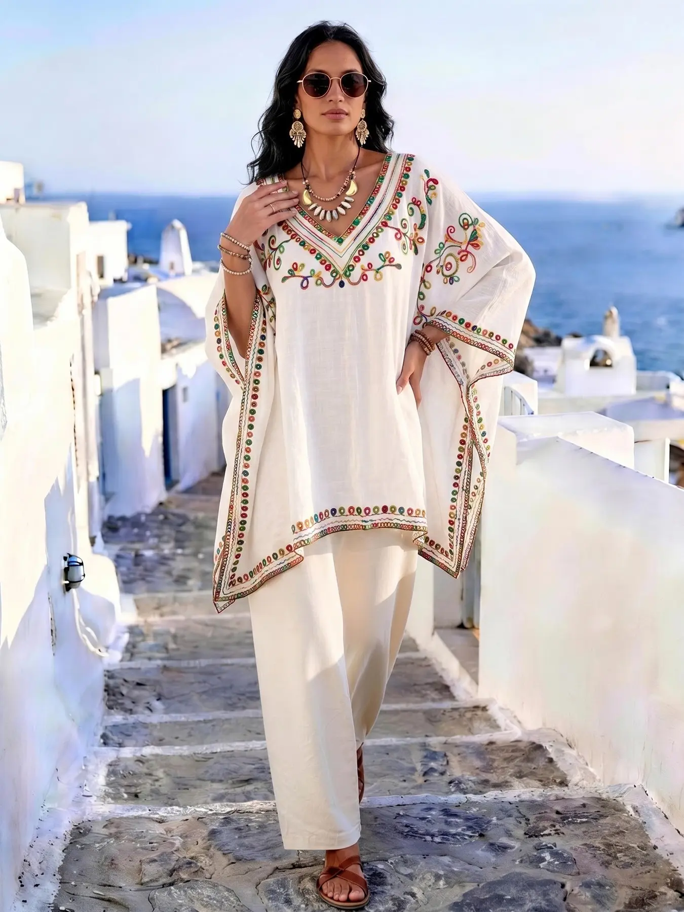 Fashion Plant Embroidery Pullover Shawl, Boho Shawl Wrap, Loose Fit Slimming Bohemian Style, Perfect for Beach Vacation, Commute, Dates, All Season Shawl