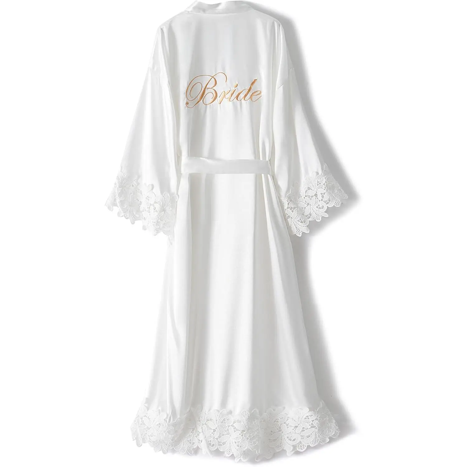 Crystal Dew Womens Lace Trim Long Bridal Kimono Robes With Embroidery Bride Bridesmaid Satin Bathrobe Wedding Gifts