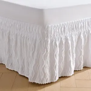 Wavy Tufted Bed Skirt - Wrap Around Dust Ruffle with Elastic Belts - 15 Inch Drop Easy to Put On - Bedskirt Machine Washable & Wrinkle Resistant(Wavy/White, /-15 Drop)