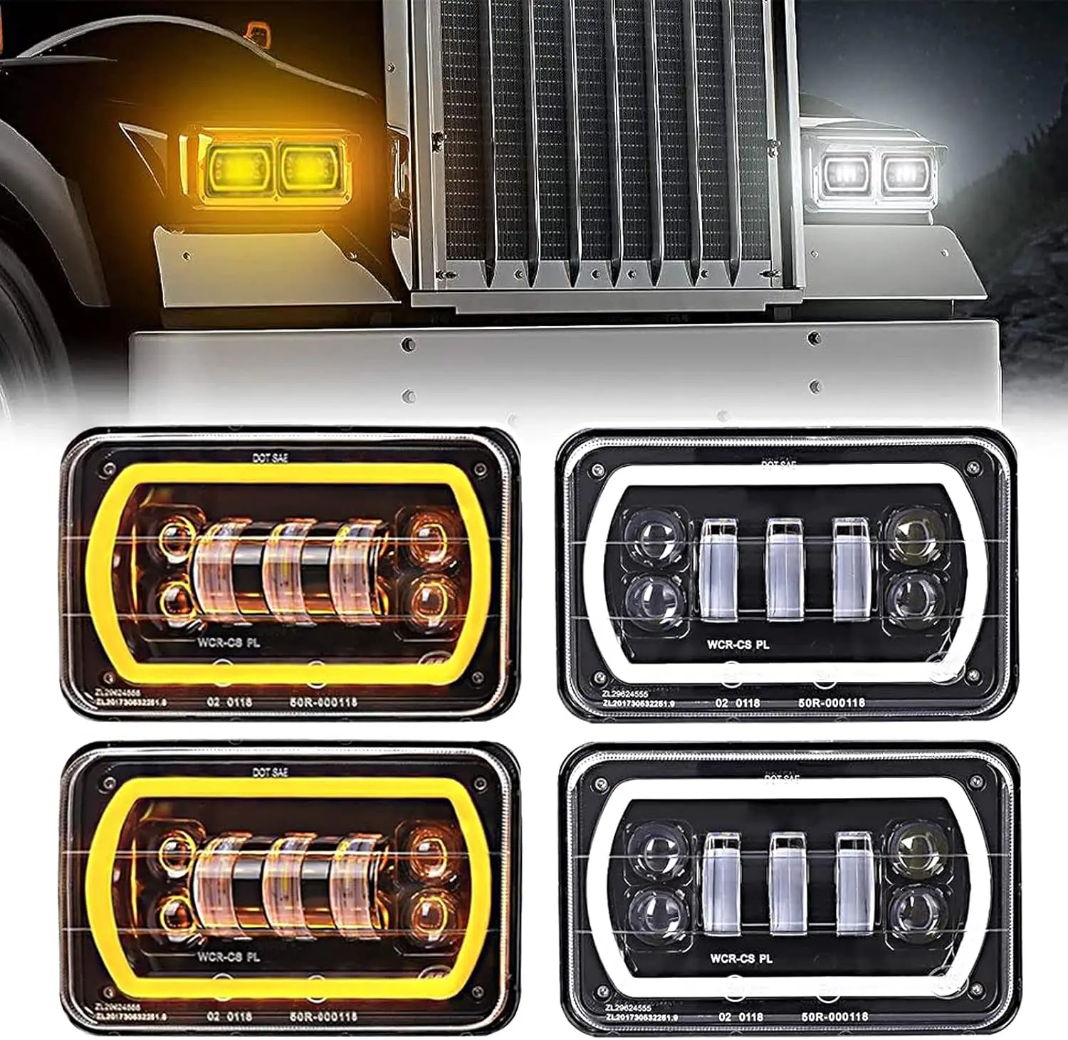 4Pcs 4x6 led headlights with White Yellow Halo Ring High Low Sealed Beam H4651 H6545 H4668 H4656 LED headlight Replacement Fit for Kenworth Semi Truck Peterbilt 379 Headlights