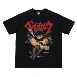 Berserk "Battle Stance" Heavyweight Vintage Tee 100% Cotton OVERSIZED Anime T-shirt Menswear Top Crew Necks Tshirt Casual Streetwear Black Crewneck Tropical Shortsleeve