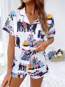 Women's 2-Piece Kpop Cartoon All-Over Print Pajama Set Womenswear Pjs, Nightwear  Summer Lapel Cardigan Loungewear, Soft Breathable Short Sleeve & Shorts, Casual Wearable Outside, Loungewear for All Seasons