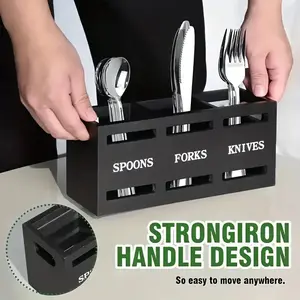3 Compartment Wooden Silverware Holder Kitchen Countertop Organizer for Spoons Forks Knives Strongiron Handle Design Black Storage Inflatable Christmas Tree