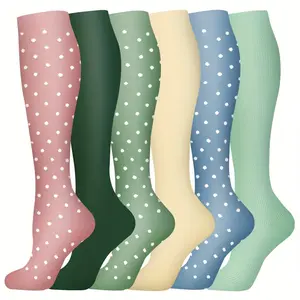 6pcs Polka Dot Compression Socks for Women - Knee High, Breathable & Supportive for Running, Cycling, Nurses & Pregnancy
