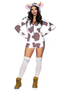 Leg Avenue Women's Lady Cow Halloween Costume for Dogs/Cats - Soft Plush Velvet 1-Piece, Cute Cowboy-Style Clothes with Zipper, Brown & White, Medium (87100-15202), Ear Accessories, Secure Fit