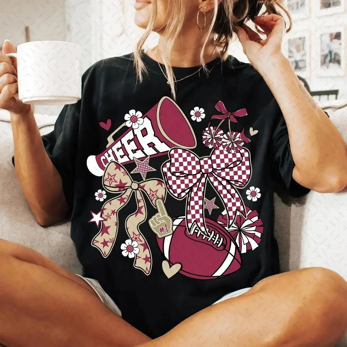 Game Day Cheerleader Coquette T-Shirt – Cute Football Graphic Tee, Perfect for Sports Fans & Cheer Squad, Cheer Mom Sweatshirt, Cute Bow Cheerleading Top, Team Spirit Shirt , By The Mug Club