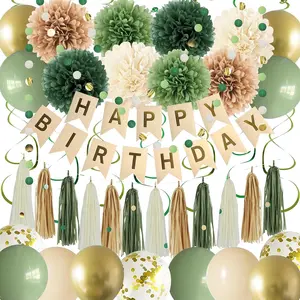 Green Birthday Party Decorations for Women Girls with Happy Birthday Banner,Tissue Paper Pompoms, Paper Tassel,Circle Garland,Hanging Swirl,Birthday Balloons for Party Decor (sage green)